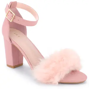 BLISSFUL STEP Fluffy Feather Ankle Strap Chunky Heel Fur Heels Sandal