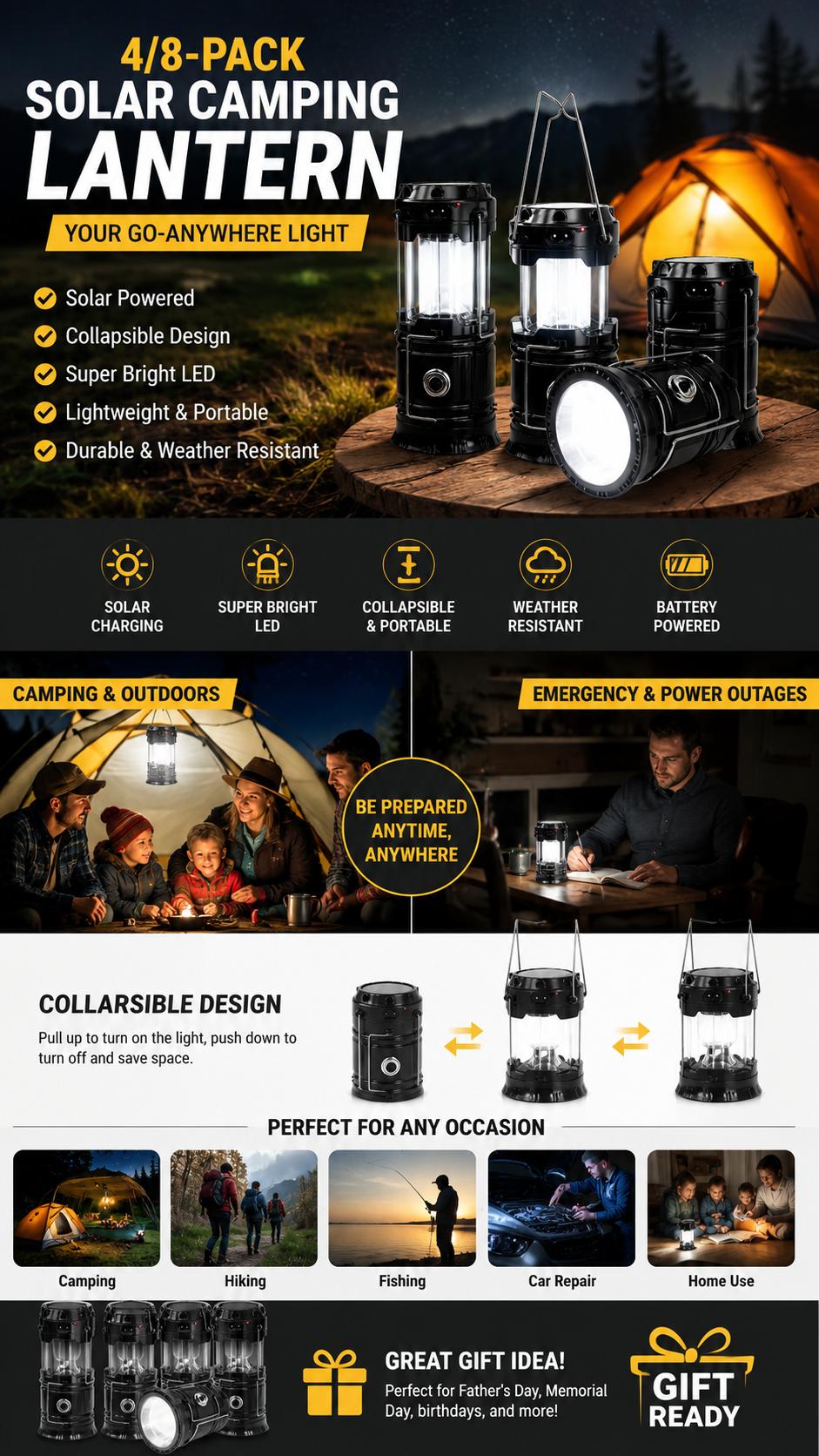 【TikTok Top Seller】4–8 Pack Collapsible LED Lanterns – Lightweight Waterproof Solar & USB Rechargeable Emergency Lanterns for Memorial Day Sale, Father’s Day Gift, Power Outages, Outdoor Camping, Hurricane Preparedness & Survival Gear