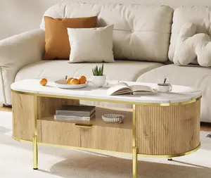 Garvee Modern Fluted Oval Coffee Table, 48" Faux Marble Top - Drawer & Shelf Storage - Gold Metal Legs - Curved Center Table for Living Room or Office, Oak