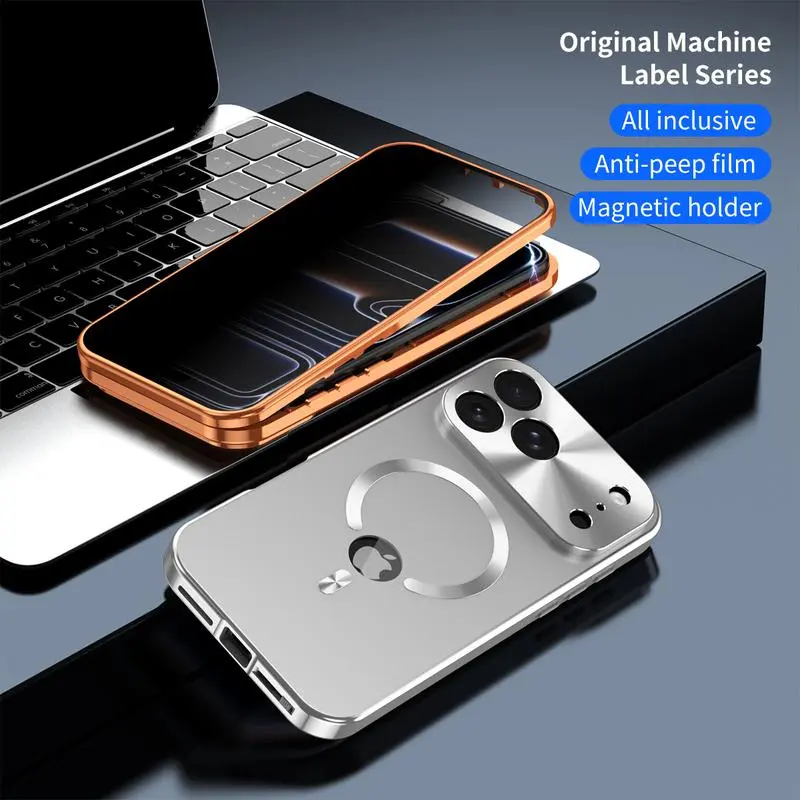 Magnetic Closure Smartphone Case & Privacy Shield for iPhone 15-17 Pro Max, Purple PC Back, Metal Frame, Full Coverage, Lens Guarded, TPU Edges, International Warranty, Phone Casing Accessories