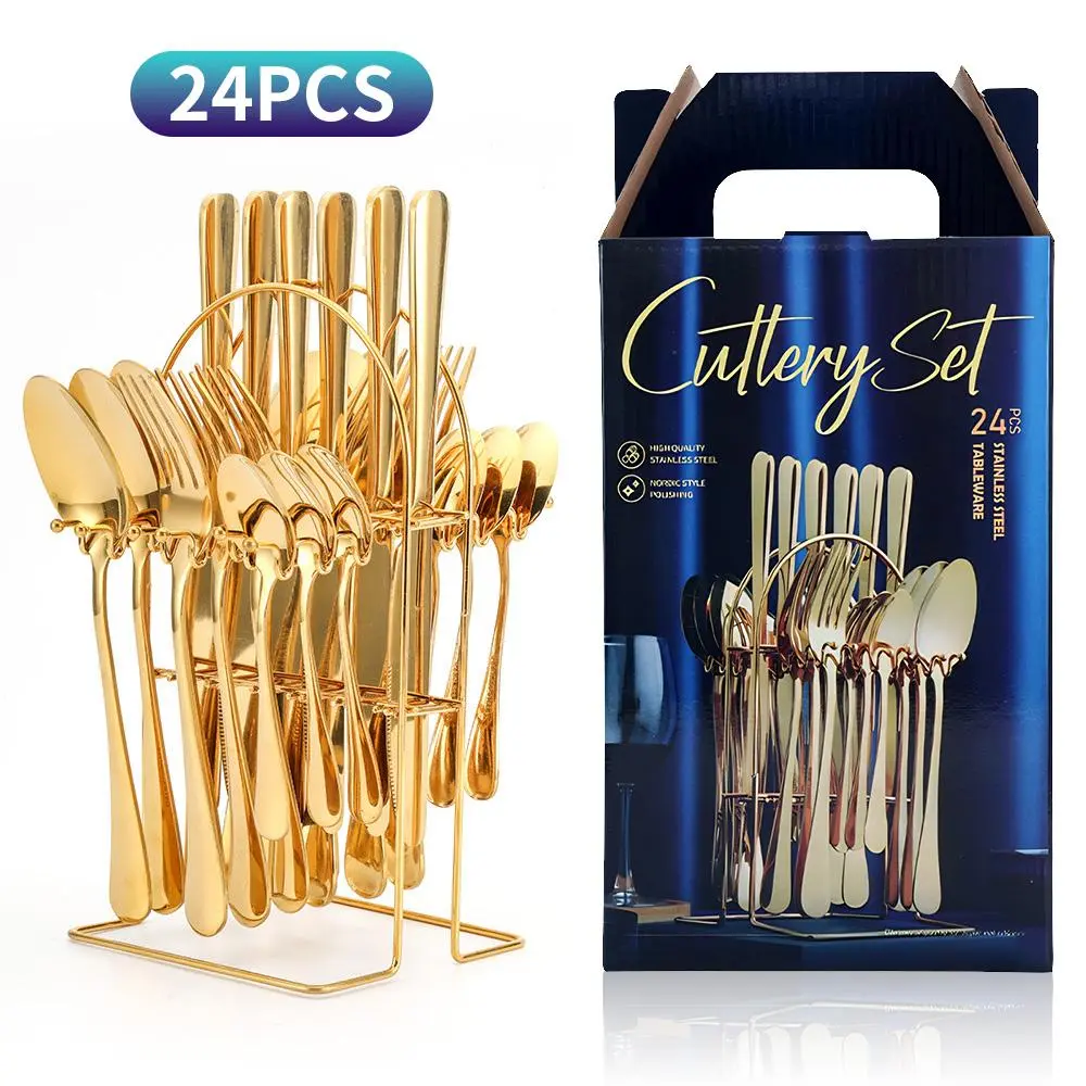 Gold 24 Piece Hanging Flatware Set – Stainless Steel Utensils with Stand, Full Eating Tableware Set (Fork, Knife, Spoon) for 6, Dishwasher Safe