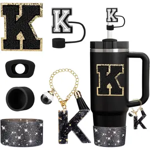 6PCS Cup Accessories Set for Stanley Cup 30oz 40oz tumbler with handle, Black Accessories Including Straw Topper, Boot, Spill Proof Stopper, Handle Charm, Initials Sticker(Letter K)