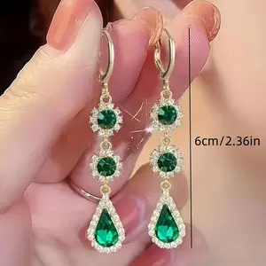 Waterdrop Emerald Green Dangle Earrings, zirconia Alloy Retro Luxury Elegant Style Drops Earrings, Party Wedding Bridal Jewelry
