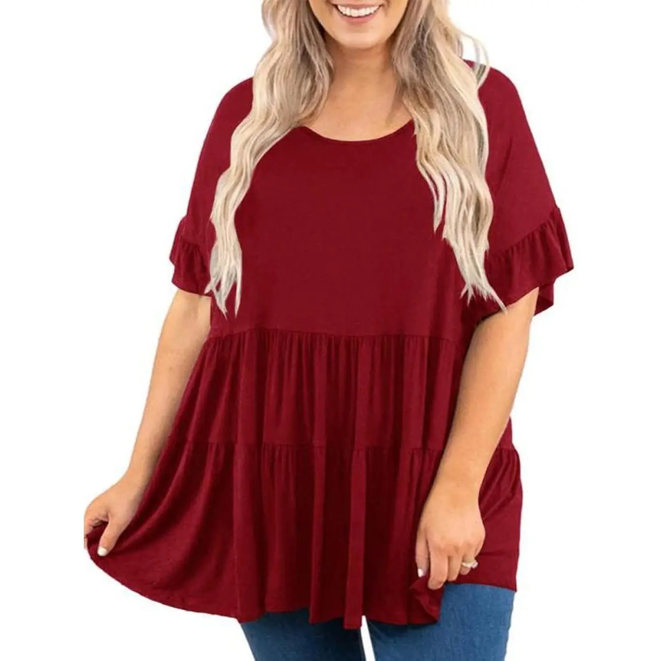 Imily Bela  Women's Plus Size Ruffle Tunic Tops Summer Short Sleeve Loose T-Shirt Blouse
