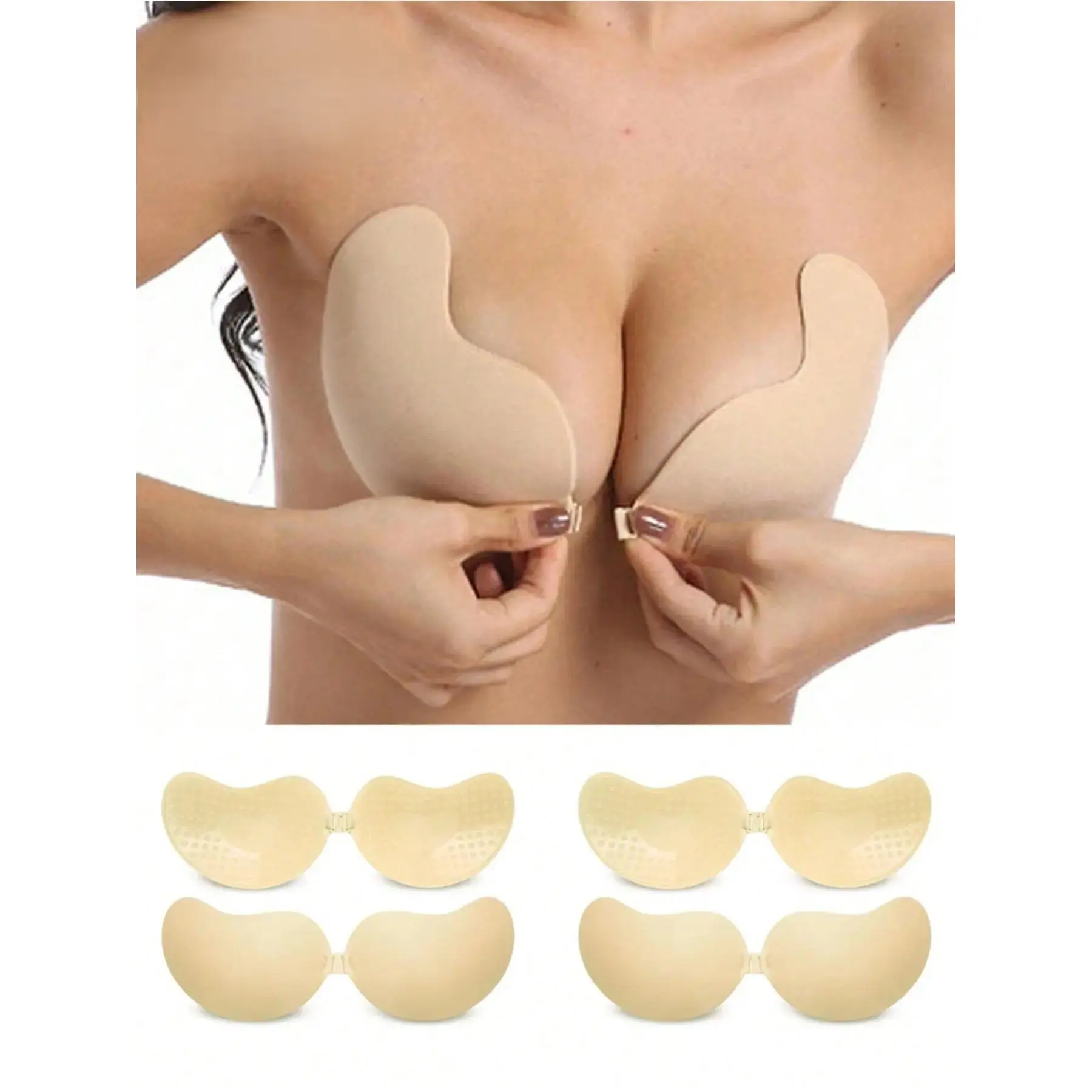 Women's Invisible Push Up Backless Strapless Bra - 2 Pairs Seamless Self-Adhesive Sticky Flat Cup-Nude Nipple Covers for Wedding Dress Lingerie