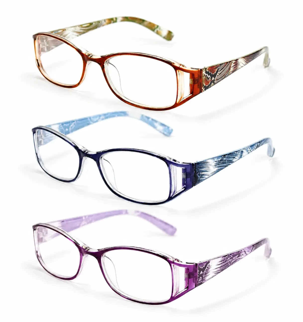 Women's 3-Pack High Quality Eyewear - Stylish Full Rim Rectangular Square Plastic Frames, Temple Patterns, Lightweight Resin Casual Non-Prescription Glasses for Home/Office Daily Use