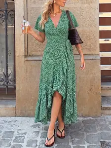 French Vintage Polka Dot Wrap Dress, V Neck Short Sleeve Ruffle Waist Slimming Asymmetrical Hem Dress, Elegant Plain Pattern