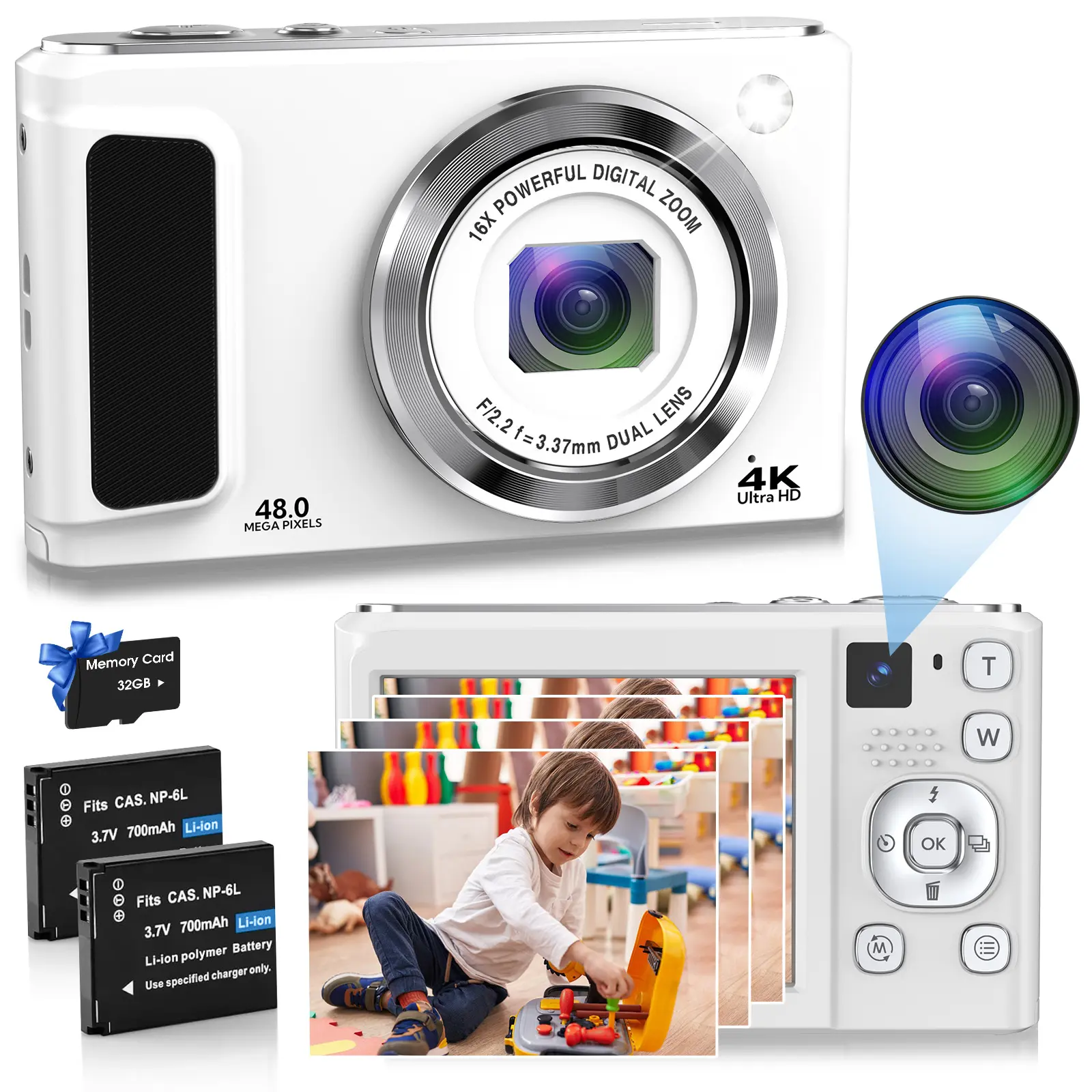 4K Digital Camera, 48MP Autofocus Vlogging Camera with Dual Camera, Flash, Anti-Shake, 16X Digital Zoom Point and Shoot Camera for Teens,Holiday Gifts summerwins