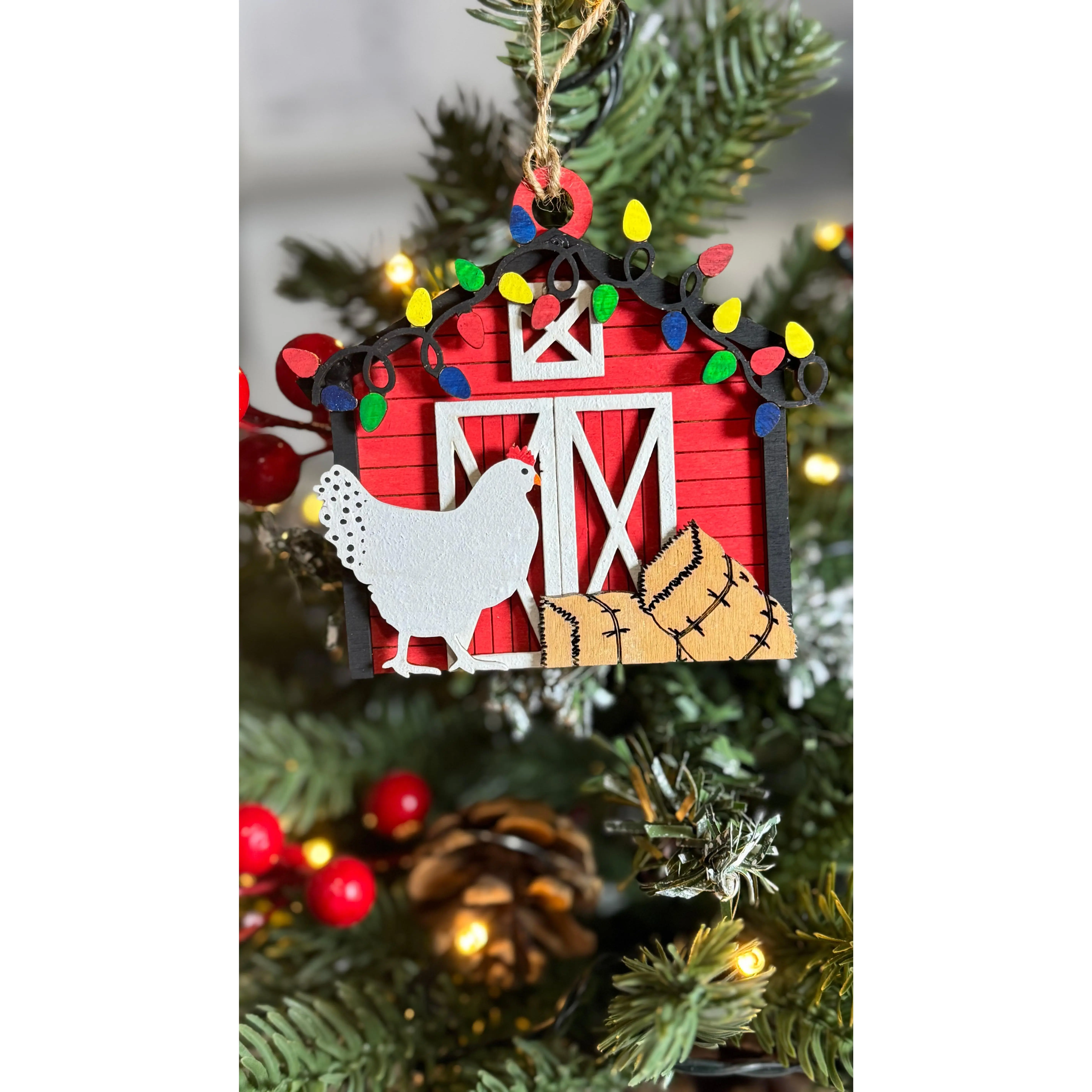 Farmhouse Chicken Barn Ornament – Rustic Wooden Christmas Barn with Lights | Country Farm Animal Tree Ornament | Hen Lover Gift