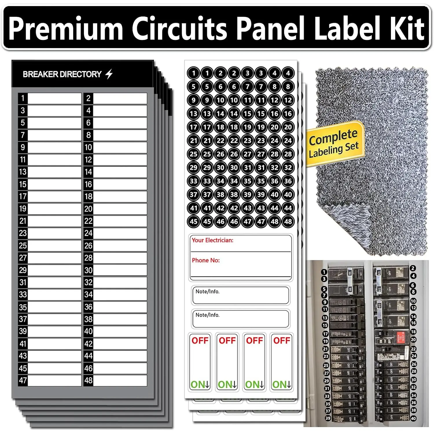 Electrical Panel Labels Kit, 48  Labels with Cleaning Cloth
