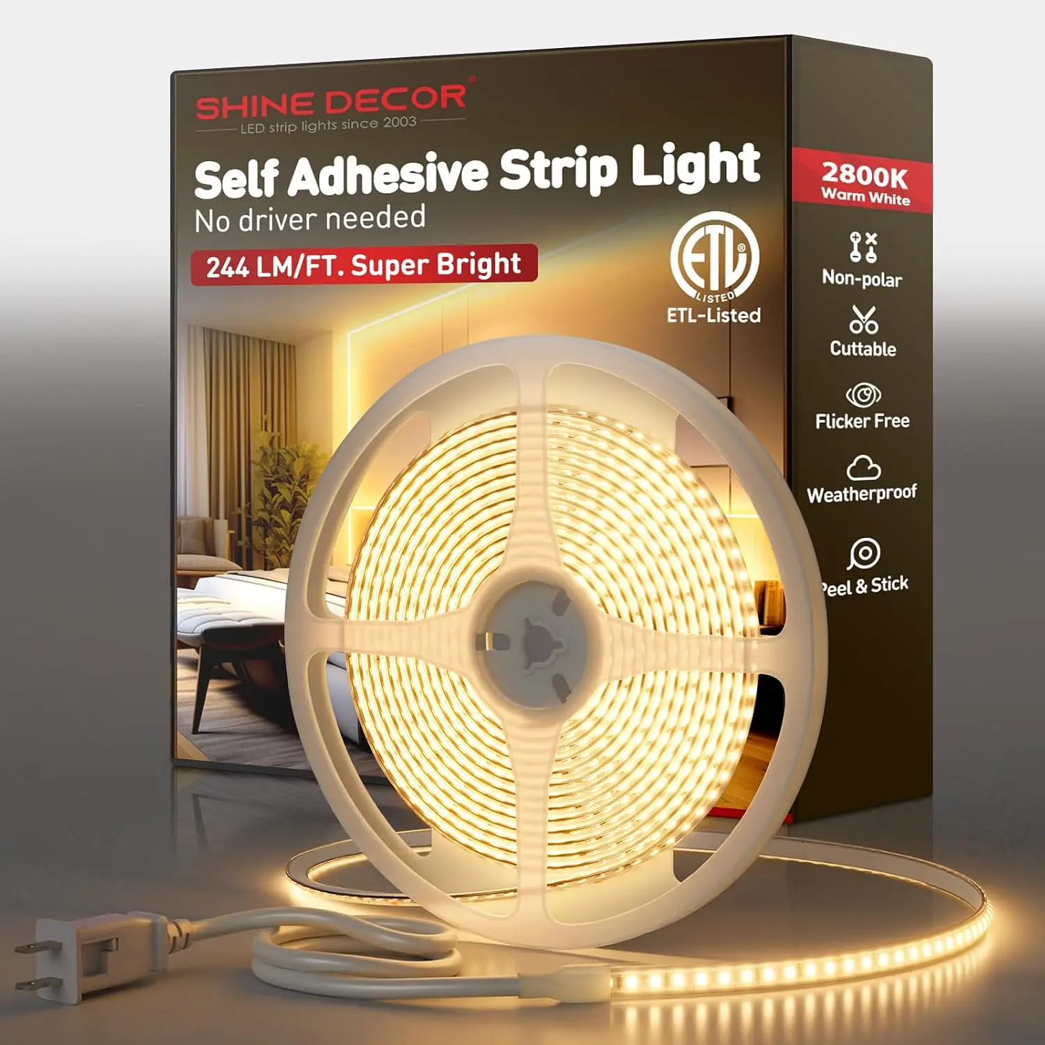 LED Strip Light Super Bright 4000LM, Plug&Play 120V Driverless Easy Wiring, Flicker Free Weatherproof for Outdoor Indoor, Min. 3.9” Cuttable Stickable, 2800K Warm White 16FT ETL Listed
