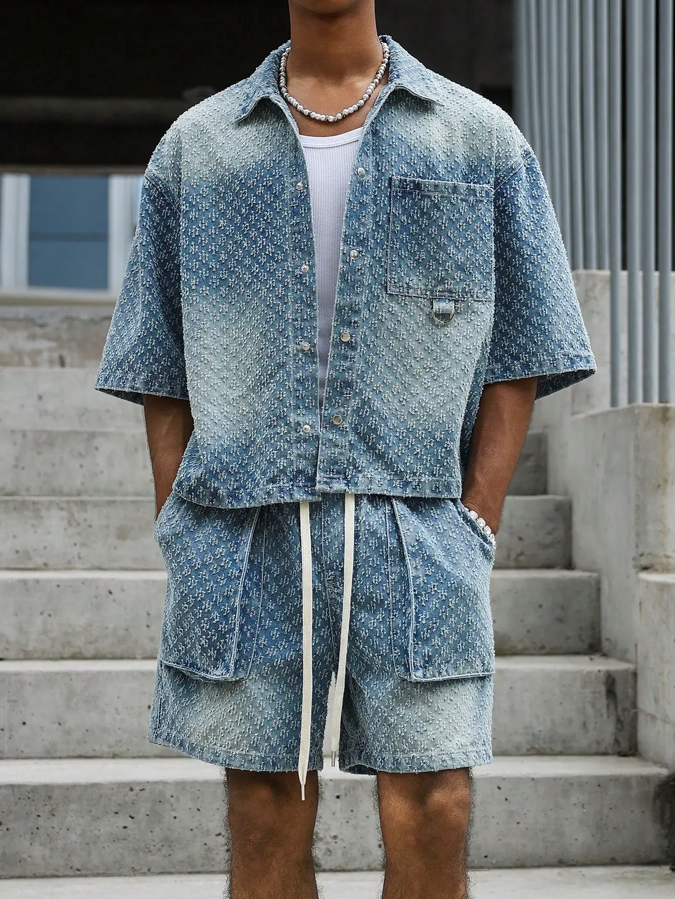 Men 2 piece sets - Men Embroidered Blue Denim Shirt and Shorts Set Casual Streetwear Outfit vacation clothing white jeans jean jacket short shorts baggy jeans for men long sleeve tops vacation outfit shorts for summer cargo shorts jeans for men outfits