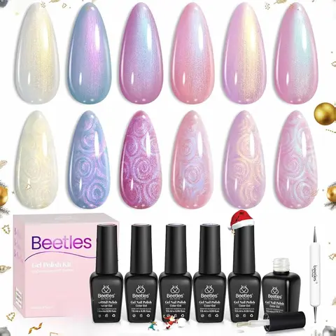 Beetles HEMA-Free Long Lasting Gel Polish Kit - 6 Colors (Caramel Mermaid Shimmer, Pearl, Swirl Thread Shell), 7.5ml/0.25 fl oz Bottles, Smooth High-Pigment Alcohol-Free Soak-Off UV LED Kit with Base & Top Coat, Women's Manicure Gift (Summer Pretty Box)