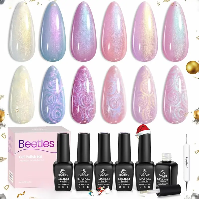 Beetles HEMA-Free Long Lasting Gel Polish Kit - 6 Colors (Caramel Mermaid Shimmer, Pearl, Swirl Thread Shell), 7.5ml/0.25 fl oz Bottles, Smooth High-Pigment Alcohol-Free Soak-Off UV LED Kit with Base & Top Coat, Women's Manicure Gift (Summer Pretty Box)