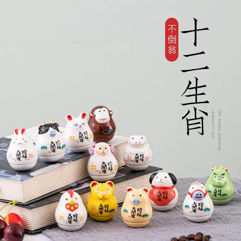 Ceramic Maneki Neko Home Decor Lucky Cat Tumbler Feng Shui Ceramic Fortune Cat Statue Room Decor Accessories Office Decoration