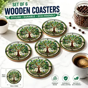 Durable & Stylish Coasters Set of 6 - Life Tree Design: Premium Wooden Drink Mats for Coffee & Tea, Protective Table Decor, Thoughtful Gift for Coffee Enthusiasts
