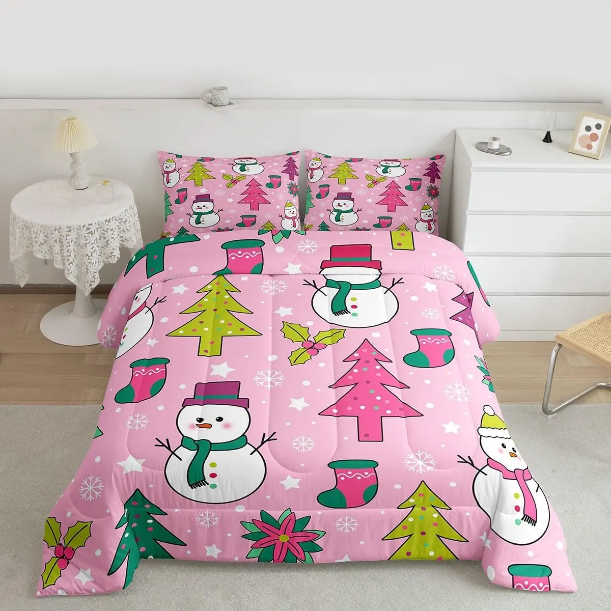 Xmas Comforter Set Snowman Christmas Tree Bedding Set for Kids Boys Girls Snowflake Winter Theme Duvet Quilt Pink Bedroom Decor