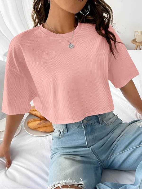 Women's Plain Ribbed Curved Hem Crop Tee, Casual Half Sleeve Round Neck T-shirt for Summer, Ladies Clothes for Daily Wear