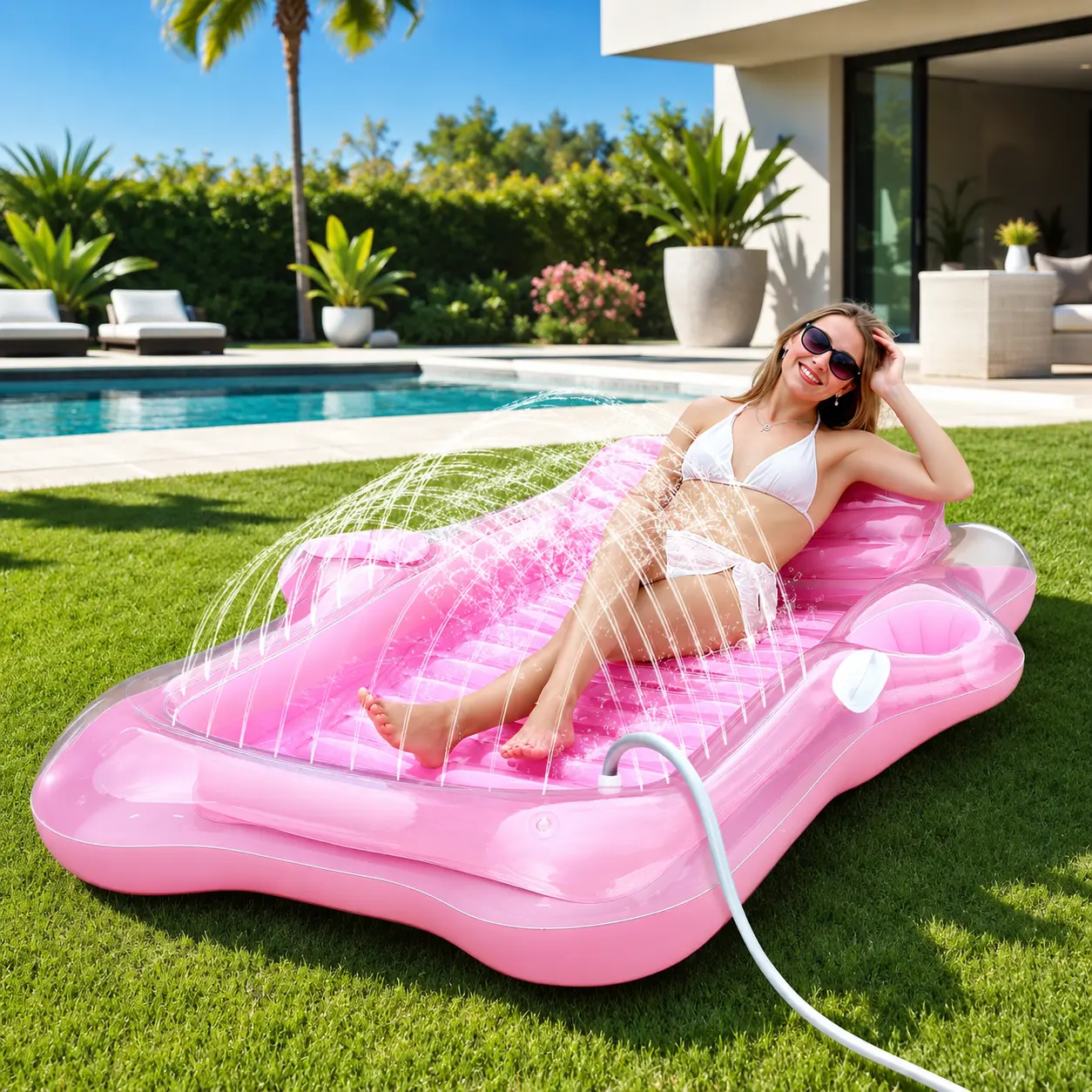 Inflatable Tanning Pool Lounger Float, Pool Floats Adult with Automatic Spray Cooling, 5 in 1 Suntan Tub Raft Floatie, Sunbathing Bed Lounge for Pool Party Yard Tanning Summer Gift for Women