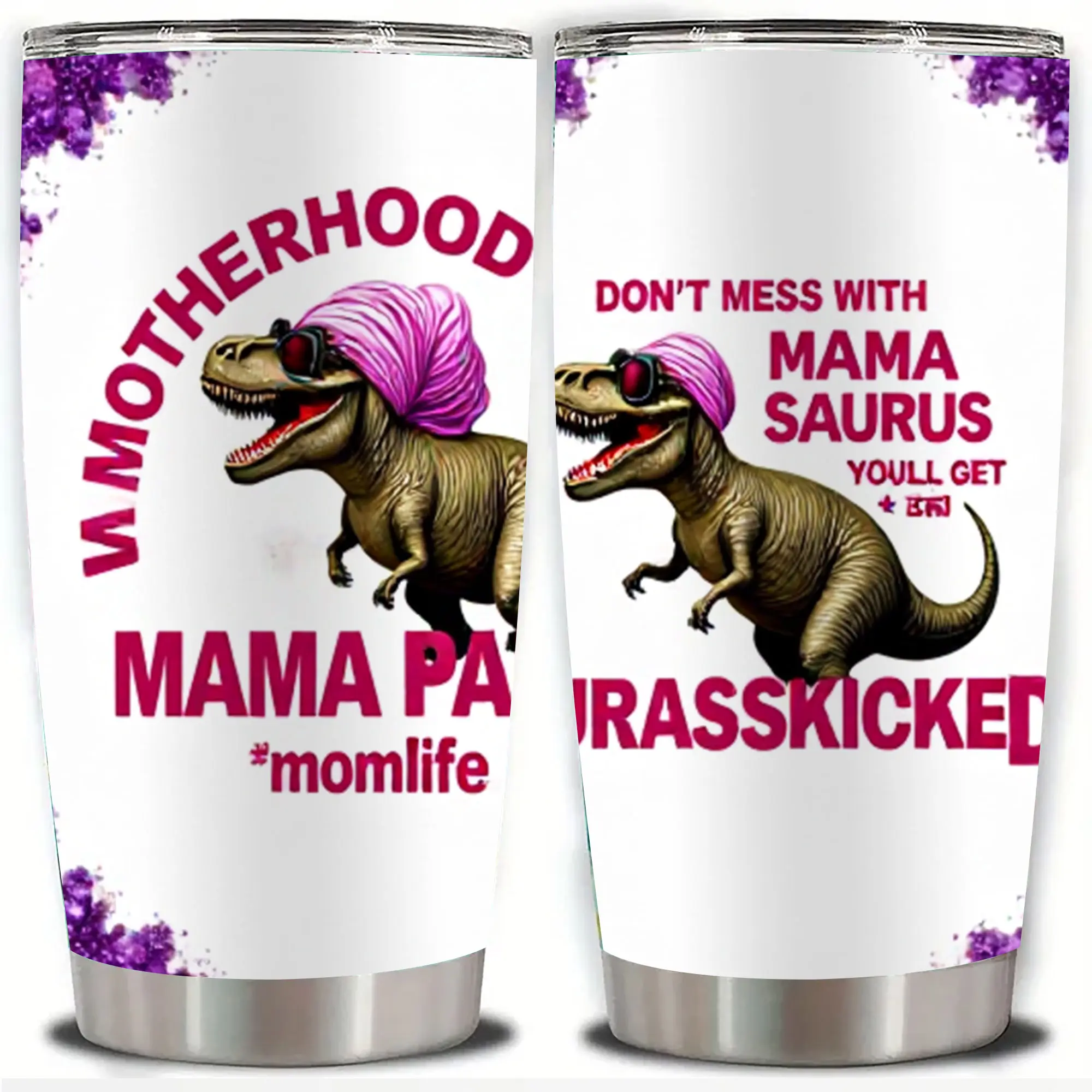 20oz Mama Saurus Mom Life Art Stainless Steel Tumbler, Double Wall Vacuum Insulated Travel Mug, Spill Proof Lid and Straw, Perfect Gift for Mom, Ideal for Christmas, Thanksgiving, Valentine's, Mother's, Father's Day, Gift for Birthday, Coffee Cup