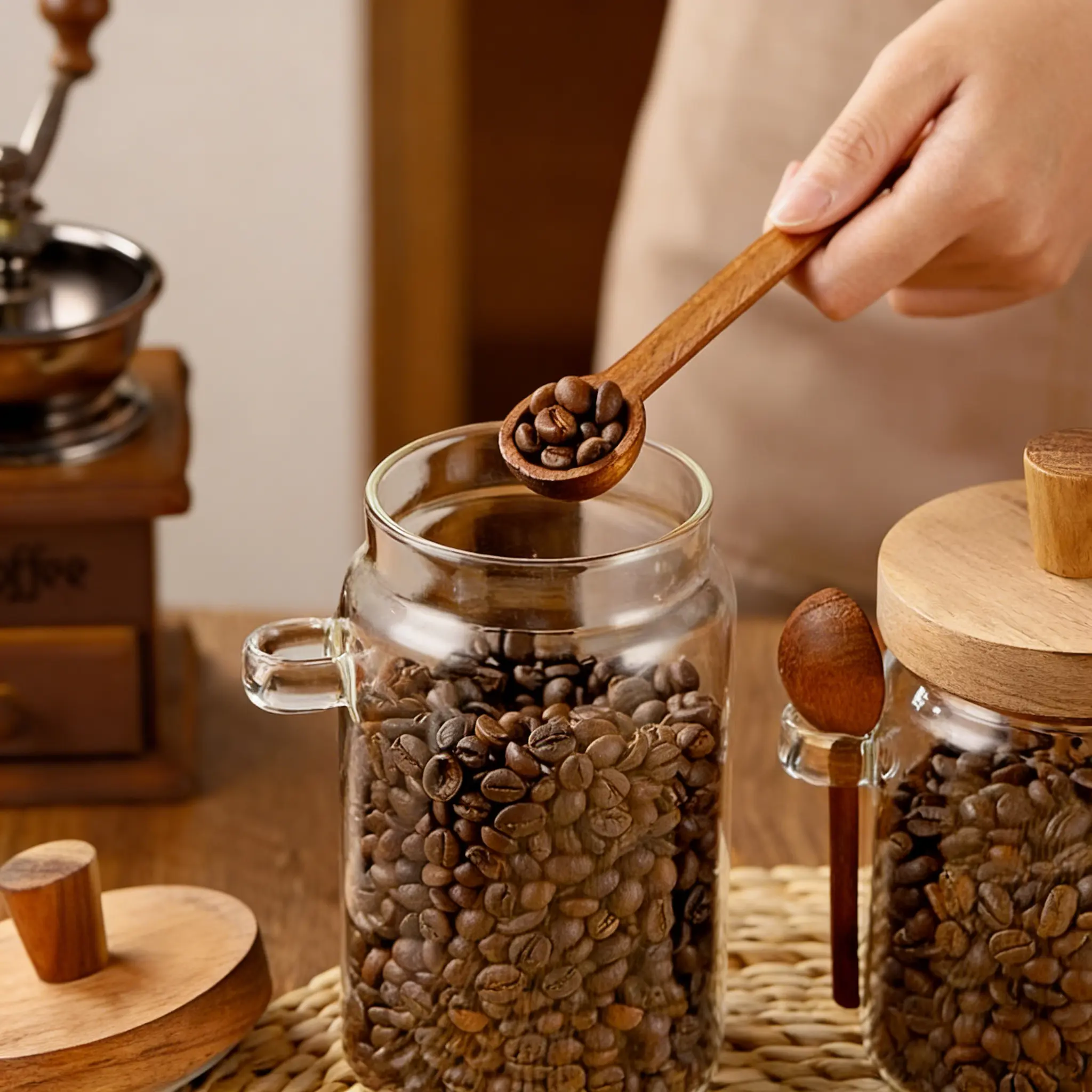 UFORU Round Airtight Glass Food Storage Containers Set - 20.29oz/25.36oz BPA-Free Transparent Reusable Jars with Wooden Bamboo Lid & Spoon, Kitchen Utensils for Coffee, Tea, Kitchen Organization
