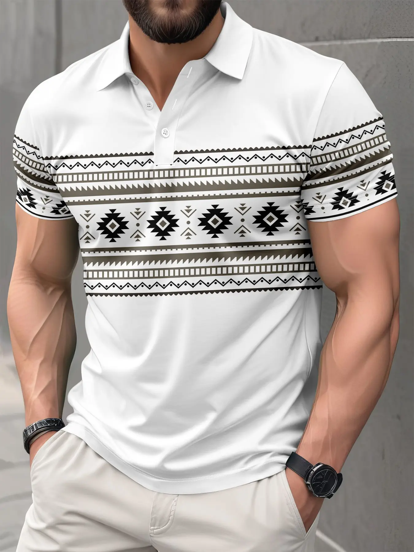Men's Aztec Tribal Print Polo Shirt, Casual Short Sleeve Breathable Summer Polos Golf Shirt, Casual Polo Shirts, Lightweight Ethnic Streetwear Street Style Daily Wear Top