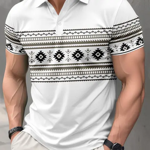 Men's Aztec Tribal Print Polo Shirt, Casual Short Sleeve Breathable Summer Polos Golf Shirt, Lightweight Ethnic Streetwear Street Style Daily Wear Top, Printed Polo Shirt