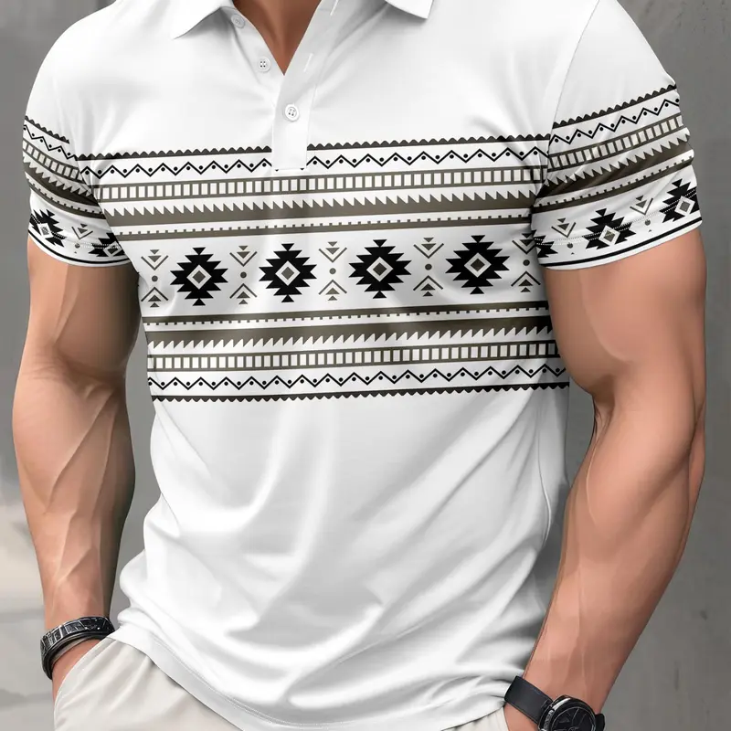 Men's Aztec Tribal Print Polo Shirt, Casual Short Sleeve Breathable Summer Polos Golf Shirt, Lightweight Ethnic Streetwear Street Style Daily Wear Top, Printed Polo Shirt