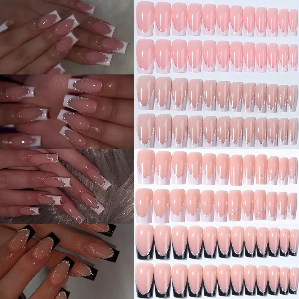 96pcs Box Mixed Short Square Acrylic Nails, French Glossy Tips, Sparkle Heart Design, Suitable for Women and Girls, Nail Kit Set, Glittering Fake Nails, False Nail Set, Diy Nails Art
