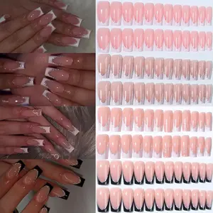 96pcs Box Mixed Short Square Acrylic Nails, French Glossy Tips, Sparkle Heart Design, Suitable for Women and Girls, Nail Kit Set