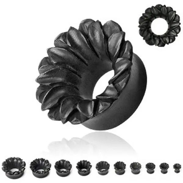 1 PAIR of Organic Black Wood Hand Carved Lotus Flower Ear Plugs Gauges