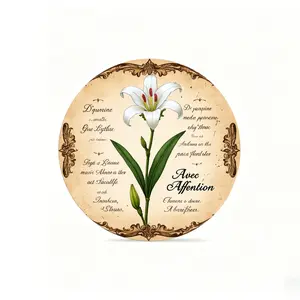 2D Flat - 1pc 8x8in White Lily Flower With Green Leaves And Brown Ornate Border On Circular Background Metal Tin Sign Vintage Iron Wall Art with Floral Accents for Home, Porch, Garden, Cafe, Bar, and More