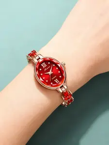A new ladies' red diamond rose steel watch with oval dial, bright red color, elegant temperament, sparkling diamonds embellished with Roman hour markers, quartz watch, Elegant Fashion Watch, Stylish Watch