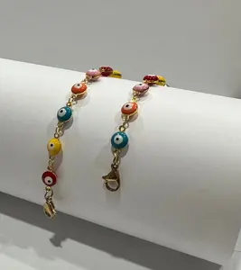 Colorful Evil Eye Bracelet Golden Enamel Link Chain 8 inches + 2-inch extension
