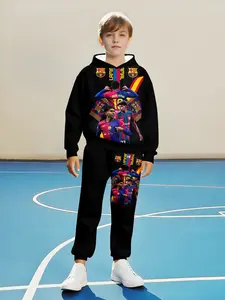 Boys' Soccer Print Sports Set, Clothing Sets, Fitted Casual Sweatshirt, Fall & Winter Fashion, Regular Length, Trendy Streetwear