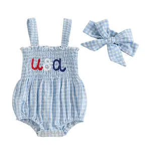 Infant Baby Girl 4th Of July Outfit USA Letter Embroidery Sleeveless Romper Smocked Ruffle and Headband Bodysuit My First 4th Of July Baby Boy Outfit