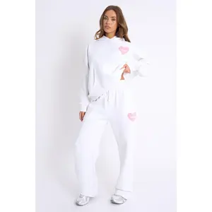 Kaiia Love Heart Graphic Ribbed Waistband Joggers White