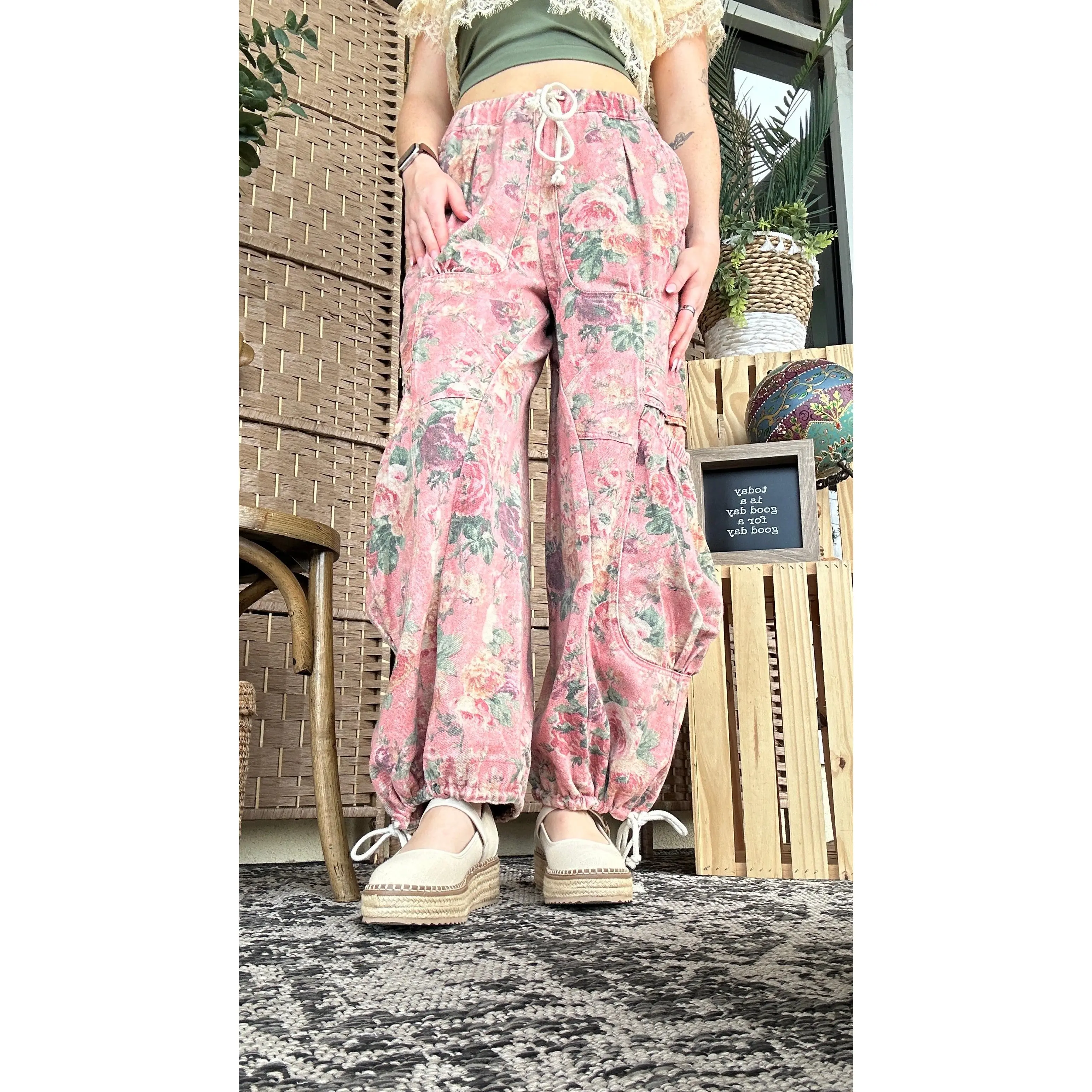 Pink Moon Bloom Floral Wideleg Jogger Pants