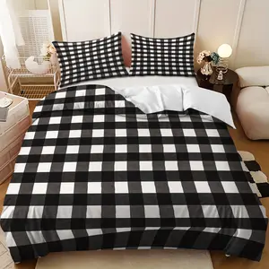 Bedding Set - 3pcs Black and white checkered geometric patchwork down comforter set (1 comforter cover + 2 pillowcases, filling not included) - A gift for family and friends, soft and comfortable, suitable for family bedrooms and guest rooms.