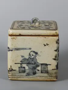 Replica Ming Dynasty Blue and White Prosperity Water Carrier Four-Sided Tea Caddy Antique Porcelain Home Decor Collectible Figurine