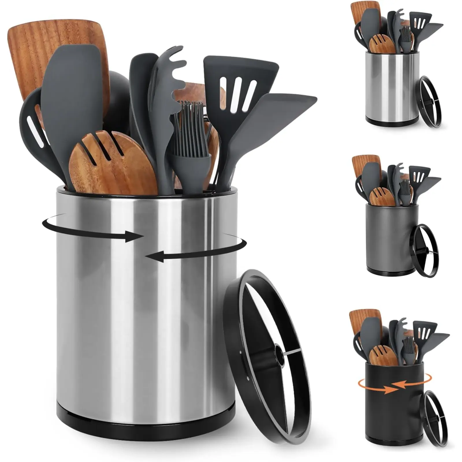 Stainless Steel 3-Compartment 360° Rotating Stylish Kitchen Utensil Holder Organiser - Extra Large Countertop Storage Caddy with Removable Base, Silvery Finish, Durable, Easy to Clean, No Magnets