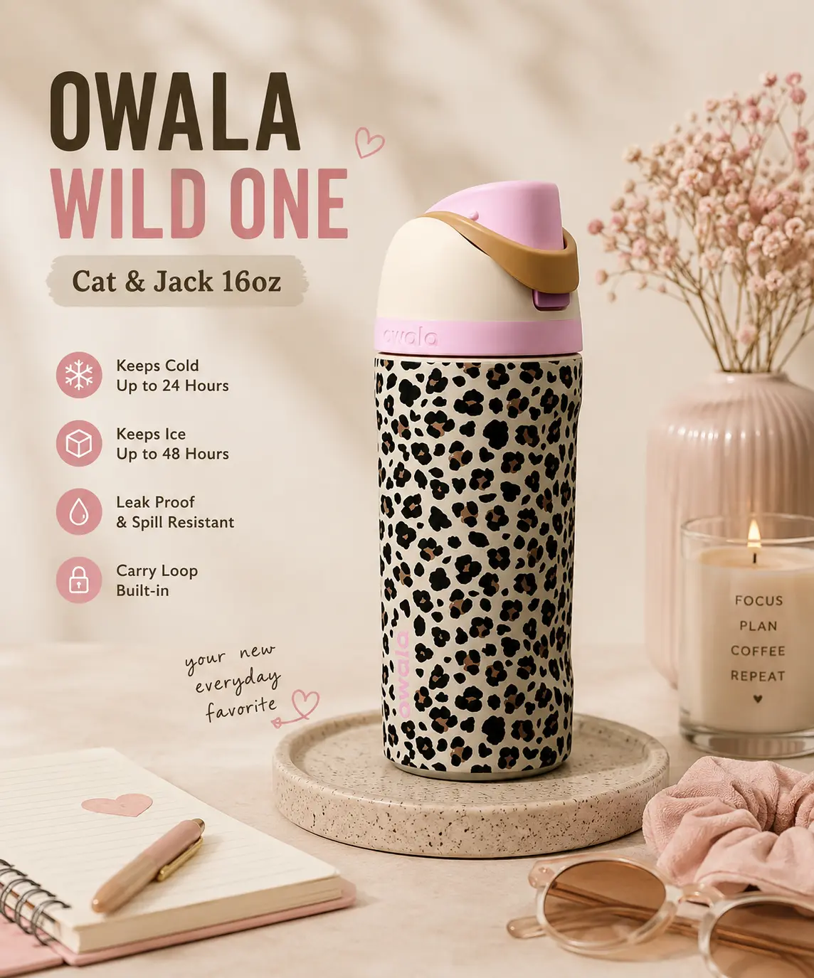 Owala WILD ONE Cat & Jack 16oz FreeSip Water Bottle PINK LEOPARD NEW