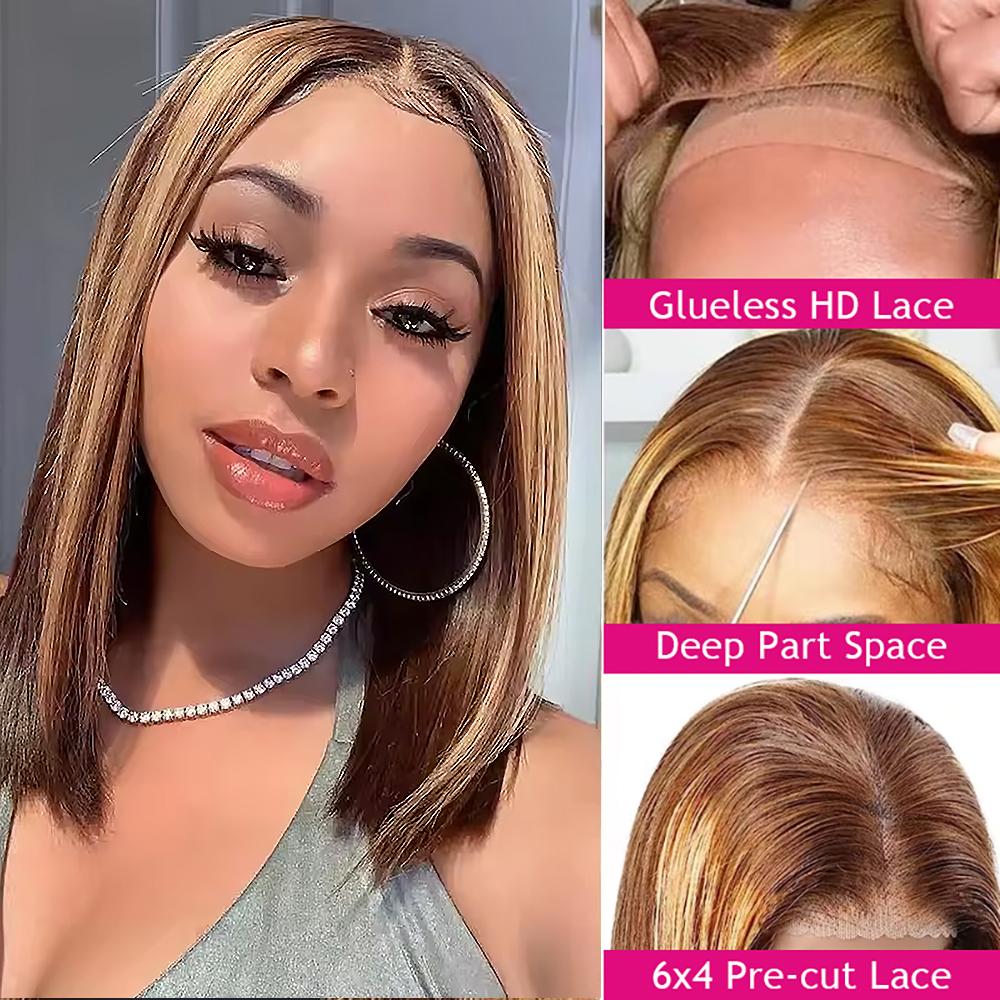 4/27 Highlight Ombre Bob Wig Glueless Ready Wear Go Wig Straight Honey Brown 6x4 HD Lace Front Wig 180% Short Bob Wig Pre plucked Natural Hairline Beginner Friendly Wig for Women