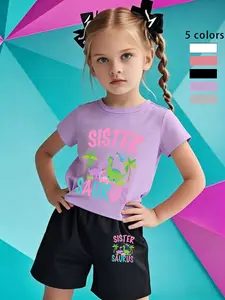 Girls' Dinosaur Sister Tee Shorts Set, Fun Animal Print, Breathable Comfort Material, Casual Daily Wear, Cute Kids