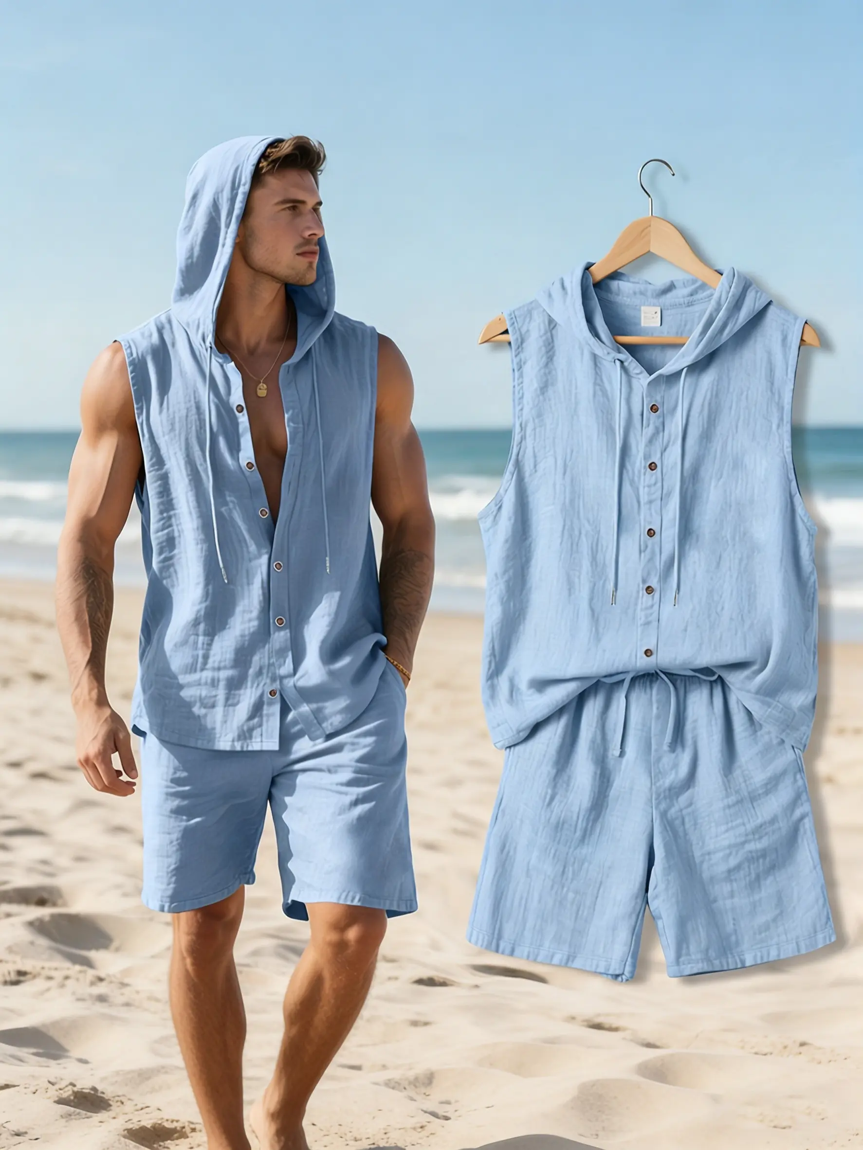 Men's New Summer 2pcs Set, Top: Hooded Sleeveless Button-Up Shirt + Bottom: Loose Drawstring Shorts, Lightweight, Comfortable, and Breathable Linen Fabric, Men's Beach Vacation, Beach Outing, Beach Volleyball, Casual Sportswear Set