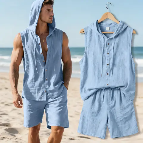 Men's New Summer 2pcs Linen-Polyester Blend Vest Set - Hooded Sleeveless Button-Up Top, Loose-Fitting Drawstring Shorts, Plain, Lightweight, Comfortable, Breathable, for Beach Vacation, Casual Sportswear