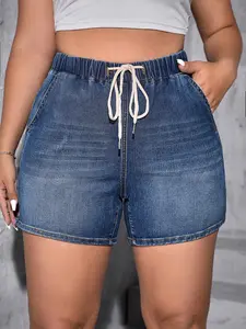 【Plus Size】 Drawstring Waist Denim Shorts, Casual Pocket Shorts for Daily Wear, Women's Bottoms for All Seasons