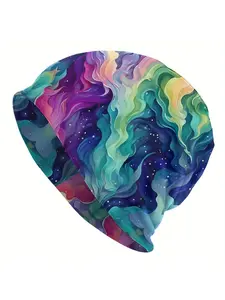 Aurora Borealis Knitting Beanie Hat - Northern Design with Green Graphic Hat