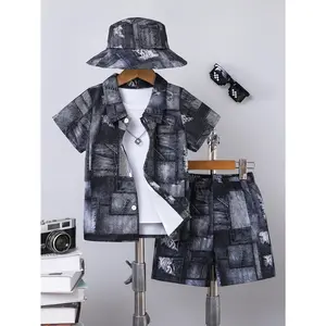 Boys Summer Set 3pcs Casual Lapel Short Sleeve Shirt with Shorts Sun Hat Vintage Imitation Denim Print Breathable Lightweight Polyester Outdoor Fashion Set