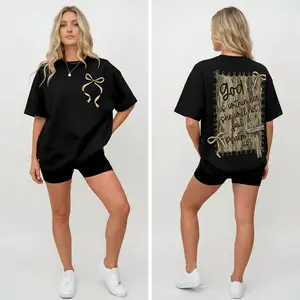 Women's Faith-Inspired Graphic T-Shirt with 2-Sided Psalm 46:5 & Camo Coquette Bow Print, Casual Relaxed Fit Round Neck Top, Shirts For Women